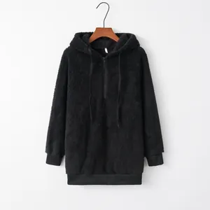Women's solid black fuzzy fleece long sleeve hooded sweatshirt with half-zip closure