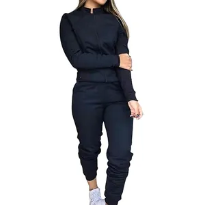 Detail of a women's black two-piece tracksuit set with zip-up jacket and joggers