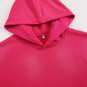 Vintage oversized παχύ ροζ φούτερ με κουκούλα που δείχνει λεπτομέρειες λαιμόκοψης