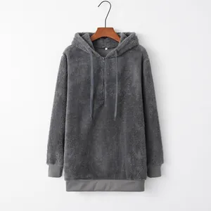 Women's cozy charcoal grey fleece half-zip hoodie with long sleeves and drawstring hood