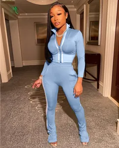 Chic light blue two-piece sports leisure set featuring zipper top and side stripe pants
