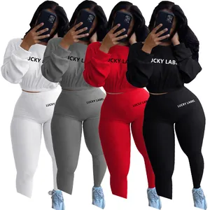 Damen-Sportanzug, gerippt, Langarm, zweiteilig, mit Lucky Label-Stickerei