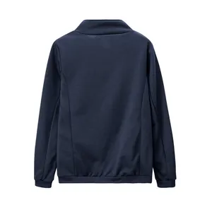 Detailed back view of a minimalist navy blue casual zip-up jacket for women with elastic hem