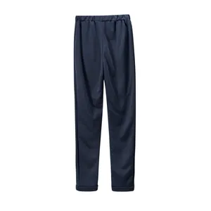 Detailed back view of navy blue casual women's trousers featuring a comfortable elastic waist