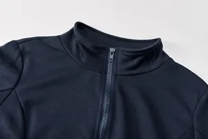 Close-up detail of the navy blue stand collar and zipper on women casual sports set