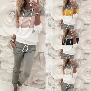Completo Casual da Donna con Felpa con Cappuccio e Pantaloni della Tuta Patchwork a Blocchi di Colore Top e Bottom Tuta Sportiva