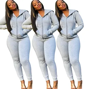 Vue complète d'un ensemble survêtement gris pour femme avec veste zippée et jogging