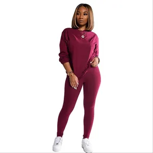 Damen 2-teiliges burgunderrotes Sportset mit Langarm-Oberteil und passenden Leggings