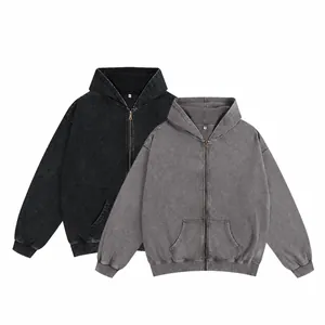 Men's Vintage Washed Distressed Zip Hoodie 350g Heavyweight Terry Oversized Hooded Jacket Sweatshirt Top