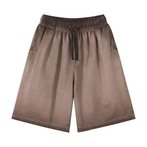 Vintage washed brown gradient loose-fit cotton shorts with drawstring waist