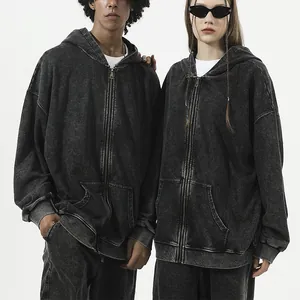 Oversized vintage washed zip-up hoodie made of heavy 350g French Terry fabric