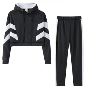 Black women's two-piece tracksuit set with hooded cropped sweatshirt and side-striped joggers