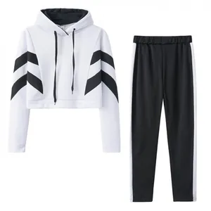 Casual two-piece white cropped hoodie and black jogger tracksuit set with side stripes
