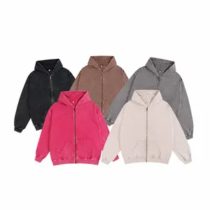 Oversized retro washed zip-up hooded sweatshirt, 350g heavyweight cotton fabric