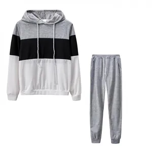 Completo casual due pezzi con felpa colorblock e pantaloni sportivi grigi su bianco