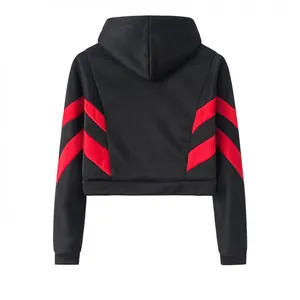 Back view of a black women's cropped hoodie featuring vibrant red stripes on sleeves.