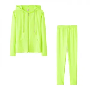 Detail of neon yellow two-piece tracksuit with zip-up hoodie and matching athletic leggings