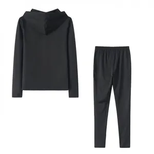 Detailed back view of solid black long sleeve hooded sweatshirt and matching slim pants