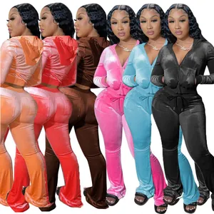Women's 2-piece solid color velvet tracksuit set with zip-up hoodie and flared trousers