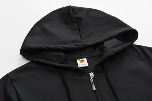 Macro view of a black zip-up hoodie detailing the hood, zipper, and neck label