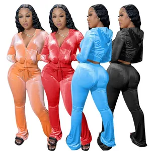 Solid soft velvet two-piece tracksuits with hooded zip-up sweatshirt and flared pants