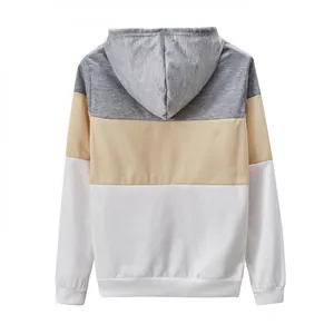 Vista posteriore di una felpa con cappuccio a maniche lunghe con blocchi di colore grigio.