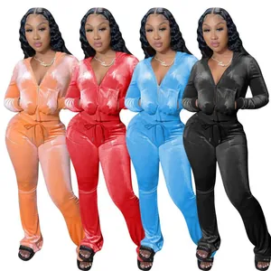 Macro view of velvet tracksuit set with hoodie and wide-leg pants in multiple colors