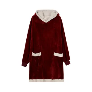 Oversized burgundy wearable blanket hoodie with white fleece lining and pockets
