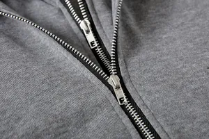 Detalle del suave cierre de doble cremallera y tejido gris de una sudadera con capucha.