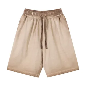 Vintage washed gradient cotton shorts with drawstring elastic waist in earth tone color