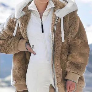 Chaqueta polar marrón para mujer con capucha, forro blanco y cremallera de invierno