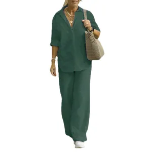 Casual women's two-piece set with long-sleeve shirt and wide-leg trousers in dark green
