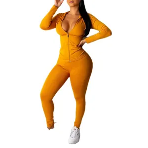 Sexy mustard yellow hooded zip-up long sleeve jacket and leggings two-piece sports set