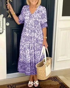 Elegant purple floral tie-dye maxi dress with V-neck and loose fit for summer fashion.