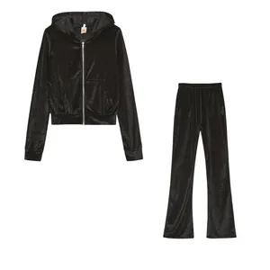 Stylish two-piece black velvet tracksuit set with zip-up hoodie and wide-leg lounge pants