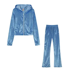 Detailed view of two-piece light blue velour tracksuit with zip-up hoodie and wide-leg pants