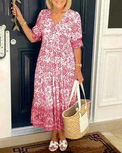 Bohemian pink and white floral print maxi dress perfect for casual summer outings