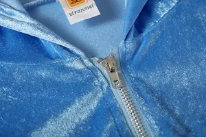 Close-up of the metal zipper and blue gold velvet fabric texture on a hoodie