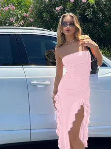 Elegant light pink tube top bodycon dress with a stylish ruffled asymmetrical hem detail.
