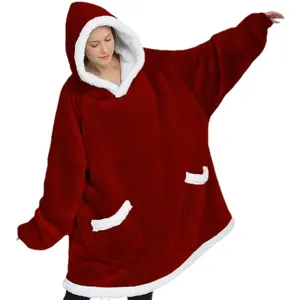 Cozy red oversized Sherpa wearable blanket hoodie for women's winter home loungewear