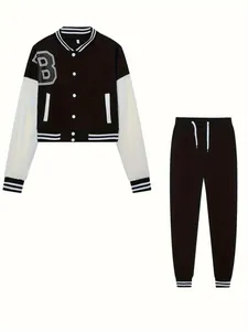 Elegante completo due pezzi donna giacca varsity bianca e nera e joggers coordinati con toppa B