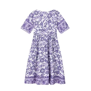 Detailed back view of a purple and white botanical floral print maxi dress for women