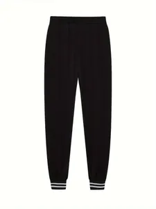 Pantaloni sportivi neri da donna con elastico in vita e polsini a righe per lo sport e relax