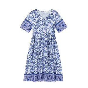 Detailed flat lay of a summer midi dress featuring blue and white floral patterns.