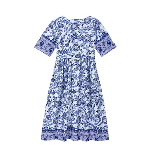 Blue and white floral print short sleeve midi dress with a loose casual fit for summer