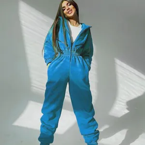 Stylish women's blue hooded jumpsuit one-piece set for sporty lounging.