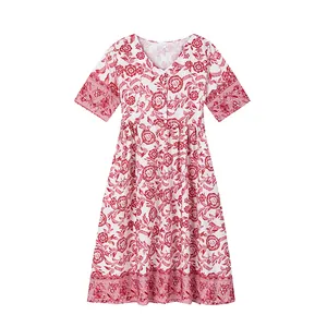 Full view of women's red floral print summer dress with V-neck and short sleeves