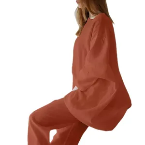 Completo casual da donna a due pezzi a maniche lunghe in tinta unita stile lino