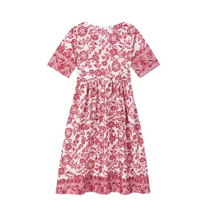 Detailed back view of a white maxi dress with red paisley patterns and border print.