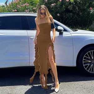 Stylish brown strapless bodycon dress with irregular ruffled hem and high side slit